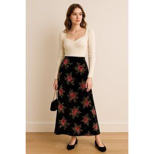 Vintage Brenda’s Crushed Velvet Rose Maxi Skirt Black Floral Burnout 90s Goth M